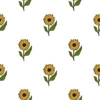 Isolated seamless botanical pattern with simple yellow sunflower silhouettes. White background. vector