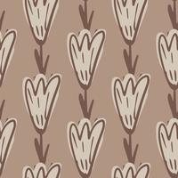 Abstract seamless doodle pattern with hand drawn outline beige colored tulip flowers print. vector