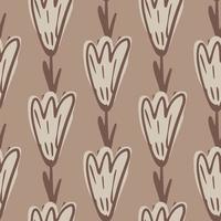 Abstract seamless doodle pattern with hand drawn outline beige colored tulip flowers print. vector