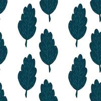 Isolated seamless pattern with navy blue doodle leaf elements. White background. vector