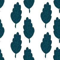 Isolated seamless pattern with navy blue doodle leaf elements. White background. vector