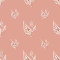 White contoured leaves branches seamless pattern in abstract style. Pink background. vector
