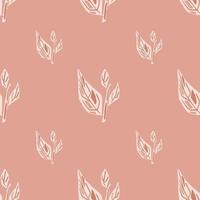 White contoured leaves branches seamless pattern in abstract style. Pink background. vector