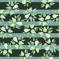 Random seamless pattern with pastel green pear and leaves shapes print. Striped background with blue lines. vector