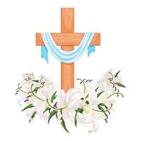 Cross with lilies isolated on white background. Religious symbols wooden cross, white lily and fabric. vector