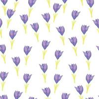 Summer isolated seamless pattern with purple little crocus flowers shapes. White background. vector