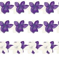 Abstract nature seamless doodle pattern with purple outline flowers shapes. White background. vector