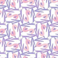 Decorative seamless pattern with purple and pink colored spring snowdrops shapes. Isolated backdrop. vector