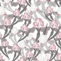 Decorative nature seamless pattern with grey and pink colored iris flower branches print. Isolated artwork. vector
