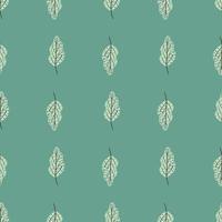 Floral seamless doodle pattern with light grey oak leaf shapes. Turquoise background. vector