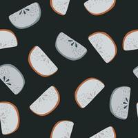 Random seamless pattern with apple slices. Hand drawn fruit elements on dark background. vector