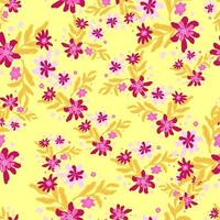 Vintage seamless pattern with random pink flower silhouettes and foliage shapes. Yellow background. vector