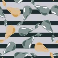 Random seamless pattern with grey and orange pear silhouettes on striped background. vector