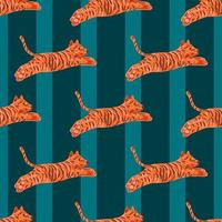Decorative hand drawn orange ttiger elements seamless pattern. Navy blue striped background. vector