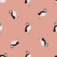 Seamless animal pattern in minimalistic style with doodle puffin bird shapes. Pastel pink background. vector