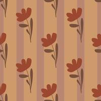 Red simple flowers silhouettes seamless doodle pattern. Striped pale background. Bloom backdrop. vector