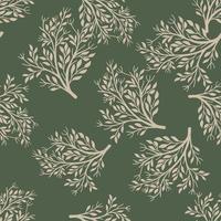 Botanic seamless pattern with random vintage bush elements. Green dark background. Simple style. vector