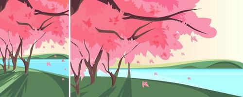 Blooming sakura on river bank. Nature landscape in different formats. vector