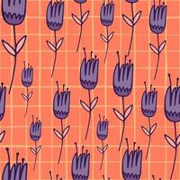 Random bright seamless floral pattern with outline purple tulip silhouettes. Coral background with check. Summer backdrop. vector