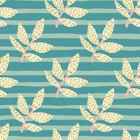 Doodle branches with leaves seamless pattern on stripes background. Decorative ornamental spring endless wallpaper. vector