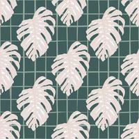 Pastel pink monstera elements seamless doodle pattern. Botanical print with grey chequered background. vector