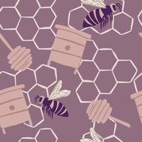 colmenas abejas y panales patrón de garabato sin costura simple. ilustraciones en color púrpura pastel. telón de fondo de miel. vector
