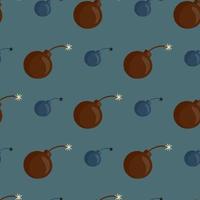 Brown bomb shapes seamless pattern in decorative style. Blue pale background. Army backdrop. vector