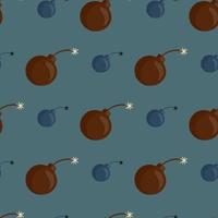 Brown bomb shapes seamless pattern in decorative style. Blue pale background. Army backdrop. vector