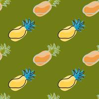 Doodle seamless pattern with fresh organic pineapples elements. Green background. Exotic food. vector