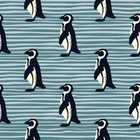 Simple style seamless arctic animal pattern with penguin ornament. Blue striped background. Zoo backrop. vector