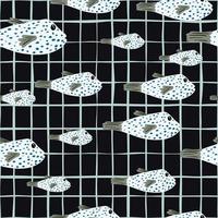 Random underwate fish silhouettes seamless doodle pattern. Black background with check. Nature backdrop. vector