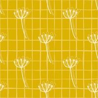 Bright summer floral seamless pattern with white outline dandelion figures. Yellow background with check. vector