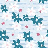 Chamomile flowers seamless doodle pattern. Pastel blue background with strips and daisy in blue and white colors. Little pink elements. vector