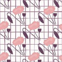 Diagonal poppy elements seamless doodle pattern. Pink flowers on white background with check. vector