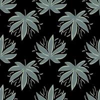 Seamless pattern with hemp leaves in dark tones. Grey marijuana elements on black background. vector