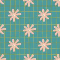 Floral daisy abstract seamless pattern. Soft pink flowers shapes on turquoise background with check. vector