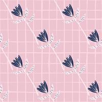 Diagonal seamless pattern with tulip flowers shapes. Pink background with check and navy blue floral buds. vector