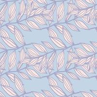 Spring seamless doodle pattern with outline foliage elements in pastel pink tones. Light blue background. Stylized creative artwork. vector