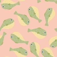 Pastel tones seamless pattern with green random puffer fish ornament. Pastel pink background. Doodle artwork. vector