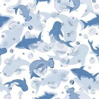 Seamless pattern see-through sharks on white background. Random print with Hammerhead, Whale, White shark and bubbles. vector