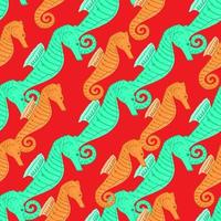 Decorative seamless pattern with bright turquoise and orange seahorse ornament. Red background. vector