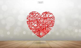 Abstract red heart floating over wooden texture background with light blurred bokeh. Vector. vector