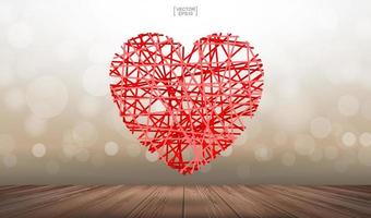 Abstract red heart floating over wooden texture background with light blurred bokeh. Vector. vector