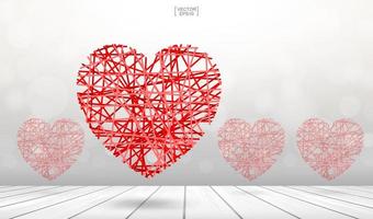 Abstract red heart floating over wooden texture background with light blurred bokeh. Vector. vector