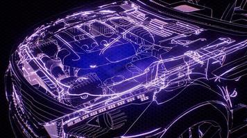 Holographic animation of 3D wireframe car model with engine photo