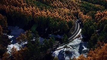 aerial view of snowy forest with a road photo