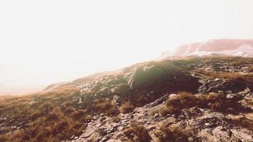 Beautiful scenic sunset view at mountain range and dry yellow grass in front photo