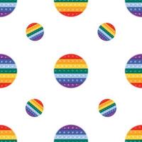 Vector seamless pattern with trendy Pop it fidget toy in rainbow colors. Circle shaped plaything with push bubbles, antistress toy for kids and adults.