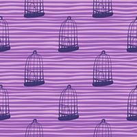 Cartoon seamless pattern with doodle bird cage silhouettes. Purple striped background. vector