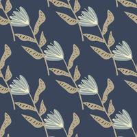 Navy blue tones seamless flower pattern. Light tulip silhouettes. Hand drawn botanic print. vector